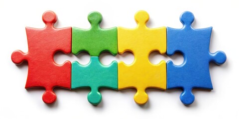 Obraz premium Four colorful puzzle pieces fitting together, teamwork, collaboration, puzzle, solution, fitting, partnership