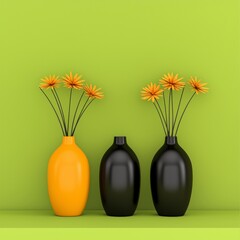 Minimalist Home Decor  Orange   Black Vases with Yellow Flowers