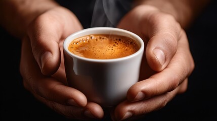 A steaming cup of freshly brewed espresso is cradled in human hands, offering a comforting, inviting scene focused on the warmth and richness of the coffee.