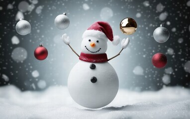 Fototapeta premium Christmas cheer - Funny snowman juggling ornaments in snowy winter landscape
