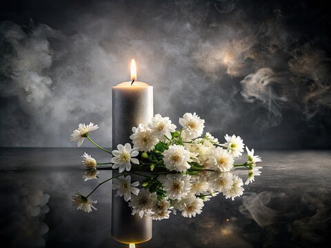 Mourning remembrance.  Double exposure funeral announcement:  flowers, candle, photo; dark, elegant design.