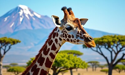 Fototapeta premium Giraffe close up portrait Mount Kilimanjaro in background