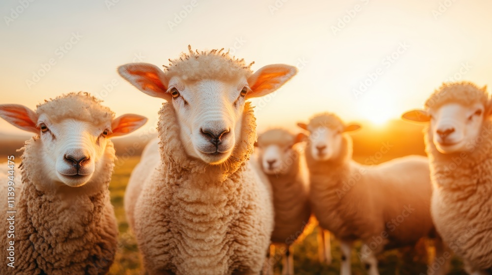 Poster a charming image of a group of curious sheep in a field, gazing directly into the camera with the wa