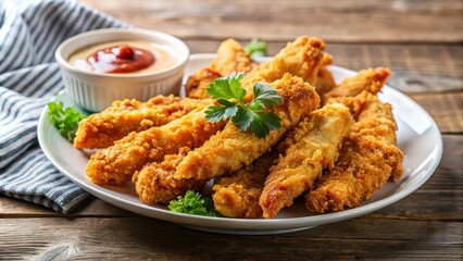 Fototapeta premium Crispy breaded chicken tenders with sauce on a plate, low angle view, chicken tenders, crispy, breaded, sauce, fried