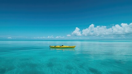 Bright yellow kayak drifting on open water, surrounded by endless shades of blue under a cloudless sky.