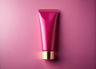 Pink cosmetic tube, minimalist design, elegantly presented in stunning aerial drone photography.