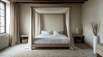 A minimalist bedroom featuring a canopy bed, matching nightstands, and a soft rug on the floor