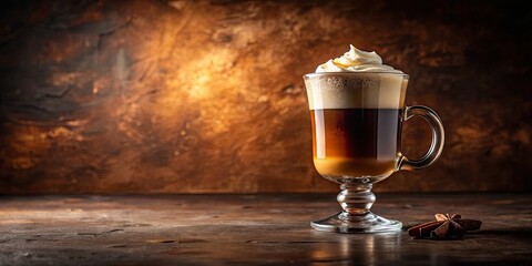 Product placement:  Rich Irish coffee, creamy texture, showcased in a simple, elegant setting.