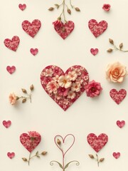 Fototapeta premium Delicate floral heart pattern on textured paper background, pastel,illustration