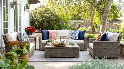 A patio setup with outdoor furniture, throw pillows, and potted greenery