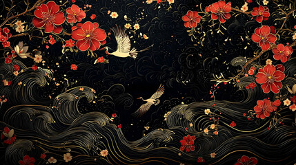 Red Blooms, Golden Waves, Cranes Fly High