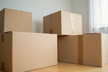 Organized Stack of Brown Cardboard Moving Boxes in a Room, Ideal for Packing and Relocation, Perfect for Home or Office Use