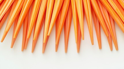 Carrot sticks arranged in a fan pattern on a bright white backdrop, emphasizing their uniformity.