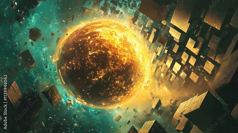 Poster golden celestial sphere amidst falling cubic structures