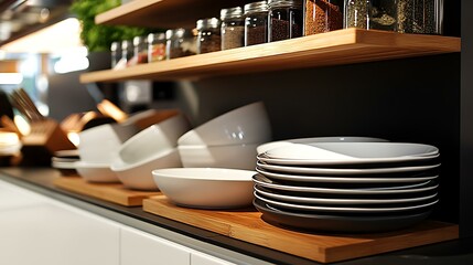 A small kitchen with open shelving, neatly organized plates and bowls, and a spice rack