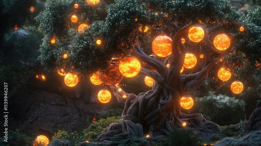 Aufkleber glowing orb tree in a dark forest setting