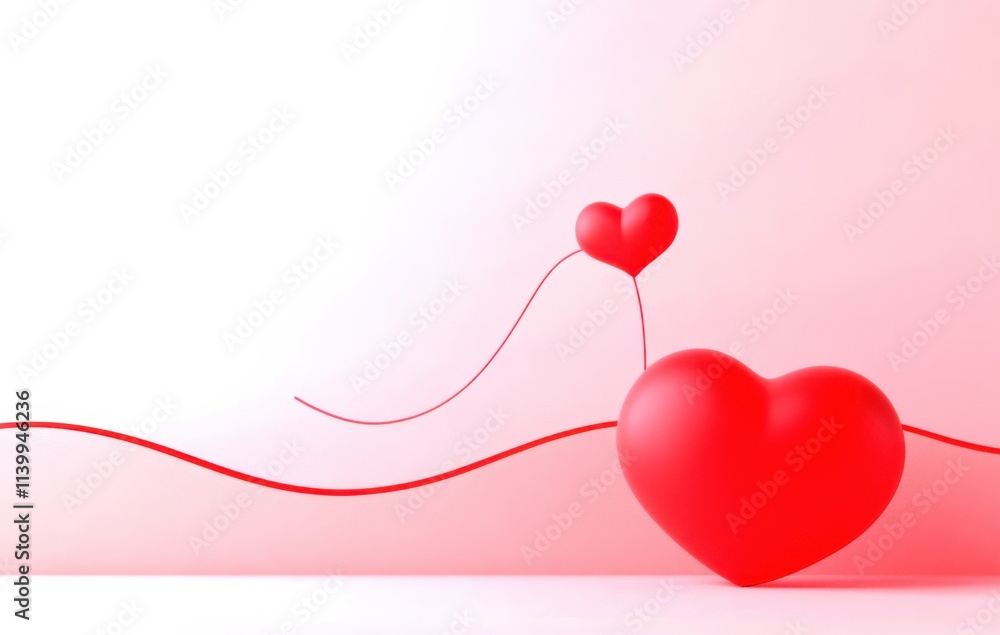 Poster two red hearts connected by a flowing line, set against a soft gradient background, symbolizing love