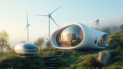 Fototapeta premium Futuristic Eco Home Design With Wind Turbines