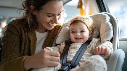 A smiling mother attentively buckles her cheerful baby into a car seat, highlighting the importance of safety, family bonds, and nurturing in everyday life.