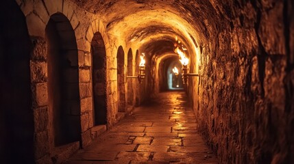 Dimly lit medieval dungeon with a stone corridor, fire-lit torches, and a chilling, atmospheric feel of secrecy and danger