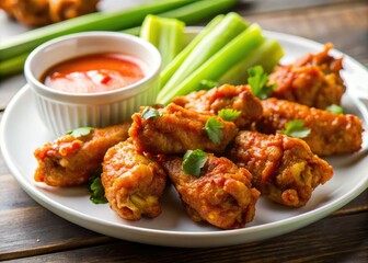 Spicy chicken wings recipe: minimal ingredients, maximum flavor.  Celery and dipping sauce complete this simple dish.