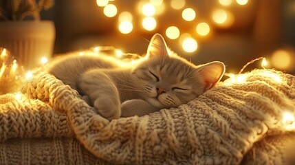 A sleepy cat is curled up and napping on a soft, cozy sweater. The sweater is draped over a sofa, which is lit up by fairy lights. It's a relaxing weekend, either in the winter or fall