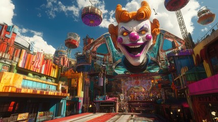 Gigantic Clown Head Dominates Colorful Carnival Cityscape