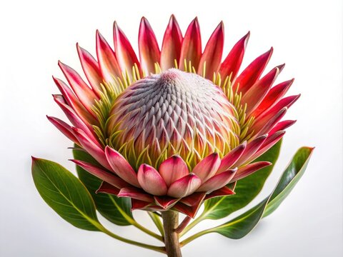 Studio-shot King Protea:  graceful, white background, highlighting elegant floral design.