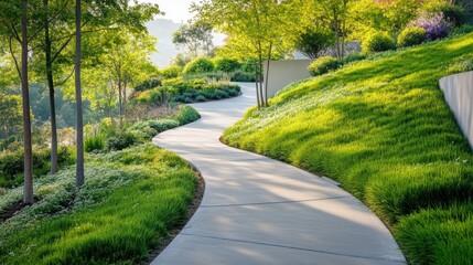 Obraz premium Elegant concrete path cutting through vibrant green hills with subtle garden accents.