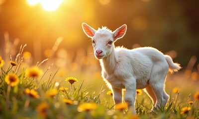 Fototapeta premium Baby goat golden sunset meadow wildflowers soft focus