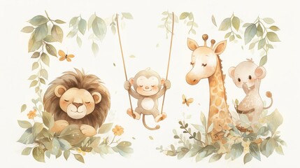 Obraz premium A playful illustration of a lion, monkey, giraffe, and cub in a leafy setting.