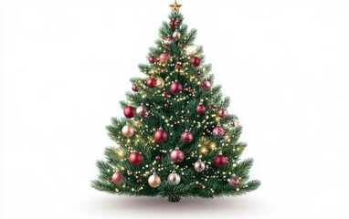 Obraz premium Decorated christmas tree with ornaments and lights, bright white background for festive holiday designs