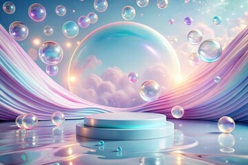 Fototapeta premium 3D Sparkling Pastel Wave Podium: Dreamy Luxurious Product Promotion Background Mockup
