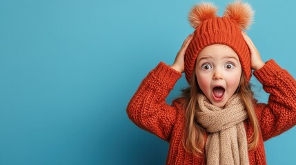 A young girl with wide eyes and open mouth, wearing an orange knitted sweater and hat, stands in front of a bright blue background, capturing surprise and whimsy.