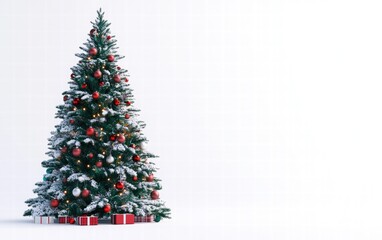 Fototapeta premium Decorated christmas tree with ornaments and lights, bright white background for festive holiday designs