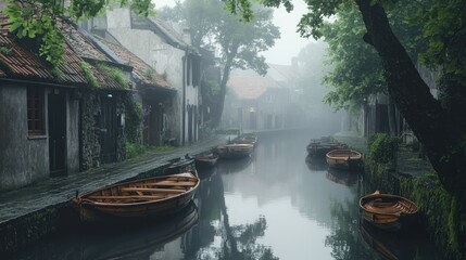Obraz premium Misty Canal Scene Boats Docked Beside Old Buildings
