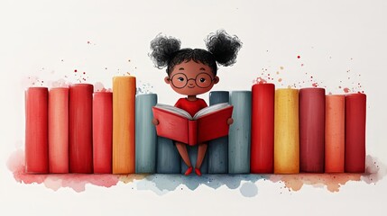 Charming young reader with book and colorful bookshelf background