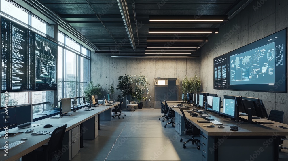 Poster modern tech office space featuring data monitoring screens