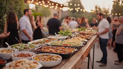 Community Focused. Outdoor gathering with a buffet spread and people socializing.