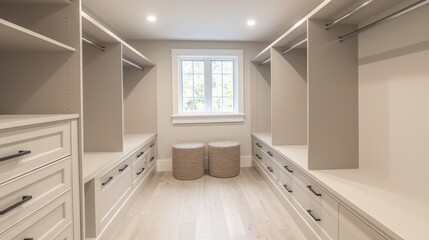 A large walk in closet with a window
