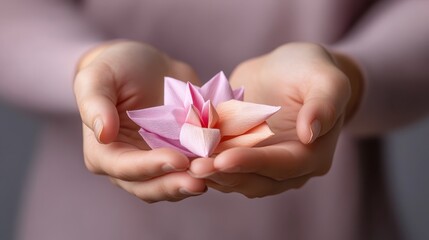 A close-up view of gentle hands holding a delicate, colorful paper-crafted lotus flower, symbolizing peace, creativity, and care in a modern artistic expression.
