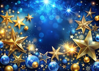 Fototapeta premium Festive Blue Christmas Background with Golden Stars - Holiday Greeting Card Design