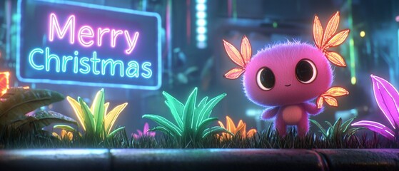 Naklejka premium Cute Axolotl Christmas Card Neon Lights Festive Fantasy