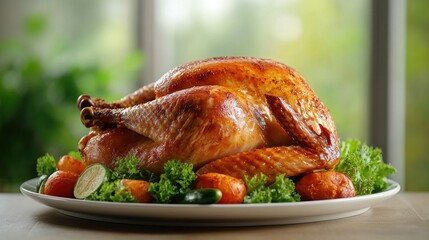 Roasted turkey on platter with vegetables.