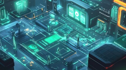 Fototapeta premium Futuristic Cityscape With Glowing Neon Pathways And Figures