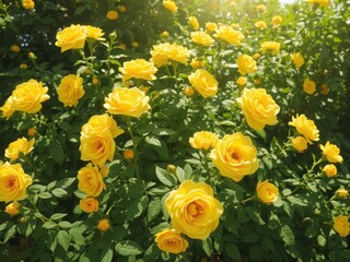 Obraz premium Vibrant yellow roses bloom in a lush green garden bathed in sunlight, joyful, sunny garden, plant