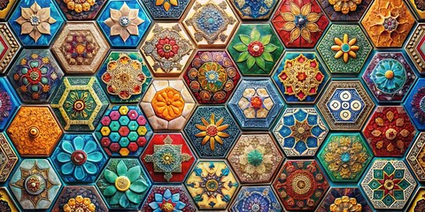 Hexagonal Tile Pattern Background Wallpaper: Colorful Geometric Design, Abstract Art, Generative AI