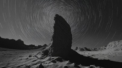 Fototapeta premium Star Trails Over a Lone Rock Formation in a Desolate Landscape