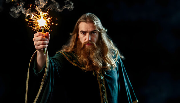 Merlin performs magic with a magic wand isolated . Shades of white., png