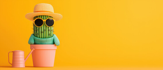 playful cactus wearing sunglasses and hat in pink pot against bright yellow background